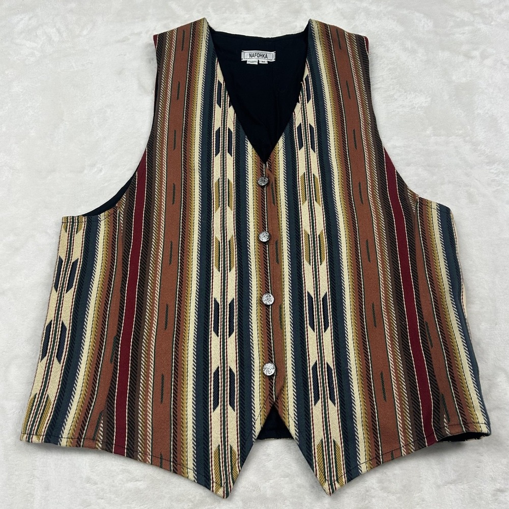 Nafohka Vest Mens Medium Brown Southwestern Woven Button Front Geometric Striped